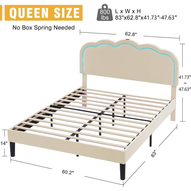 Javlergo Modern Queen Platform Bed with Adjustable LED Headboard USB Ports & Under-Bed Storage Heavy Duty Upholstered Bed Frame