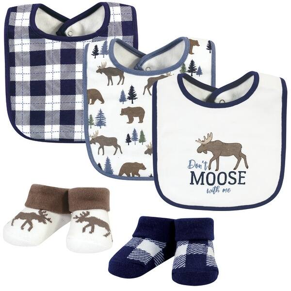 slide 1 of 1, Hudson Baby Infant Boy Cotton Bib and Sock Set, Moose Bear, One Size - Moose Bear - One Size One Size - Moose Bear