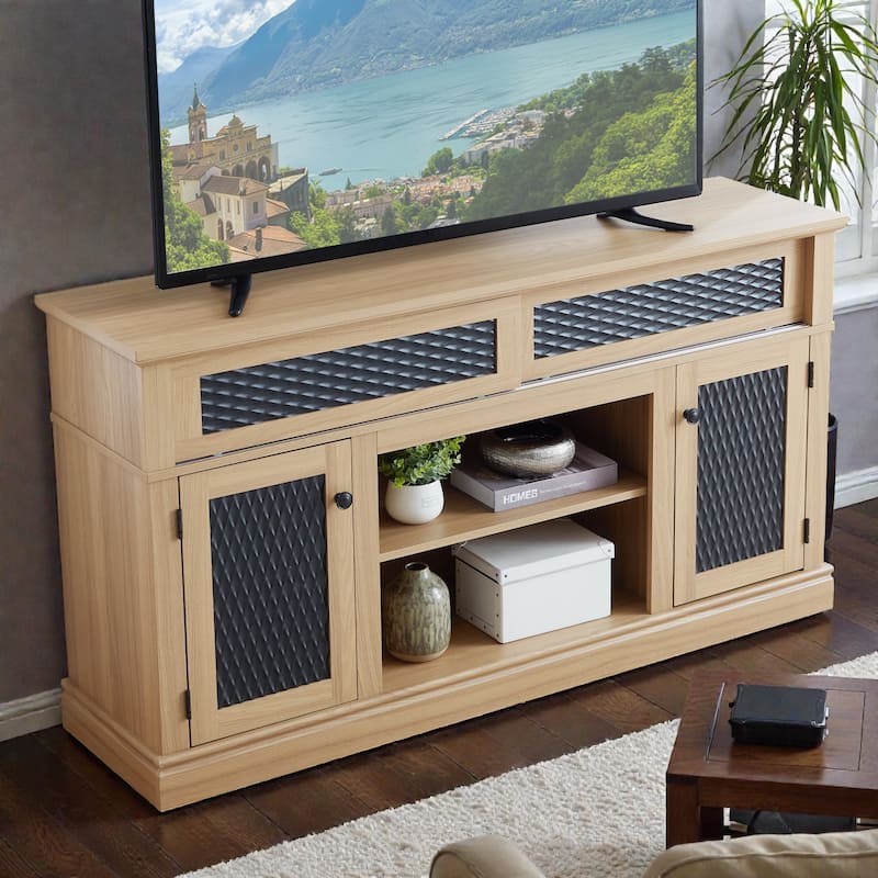 58 Inch Embossed Pattern TV Stand for TVs up to 65 Inch, Media Console with Sliding Door, Open Storage & Cable Management