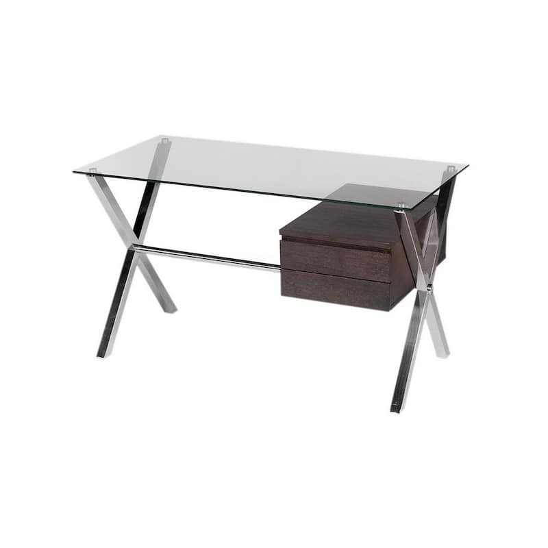 Tia 51 Inch Small Office Desk, Glass Tempered Top, 2 Drawers, Dark Brown