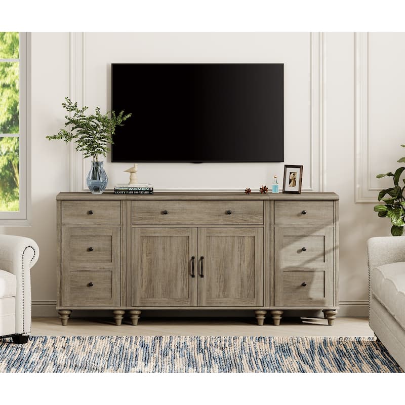 Farmhouse TV Stand with Doors and Drawer﻿ - 3 Drawers and 4 Doors - Wash Grey