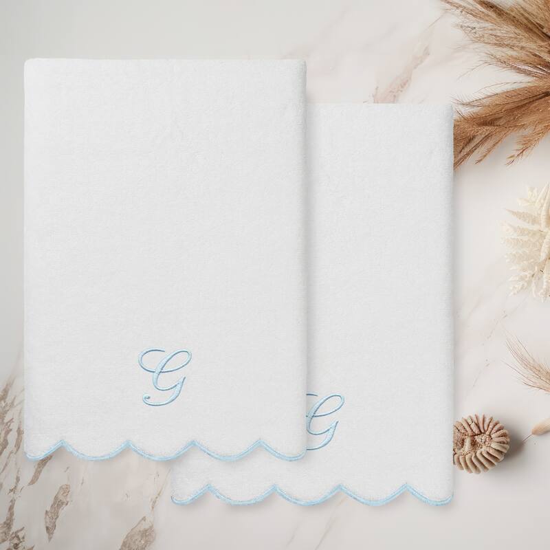 Authentic Hotel and Spa 100% Turkish Cotton Blue ADORNIA Scallop Personalized 2 Piece Bath Towel Set - 2 Bath Towels