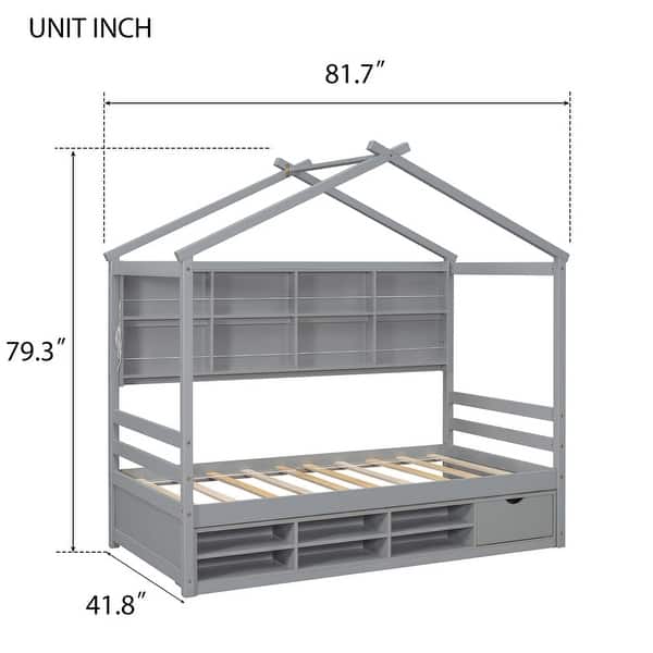 dimension image slide 1 of 3, Wooden House-shaped Twin House Bed with Bedside Built-in Storage Shelves,Under Bed Storage,Kids and Baby