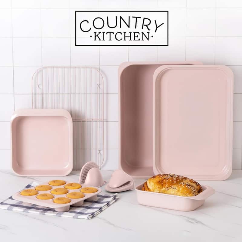 Country Kitchen 8-Piece Bakeware Set, Nonstick Baking Pans & Nesting Baking Sheets, Durable Steel, Grey