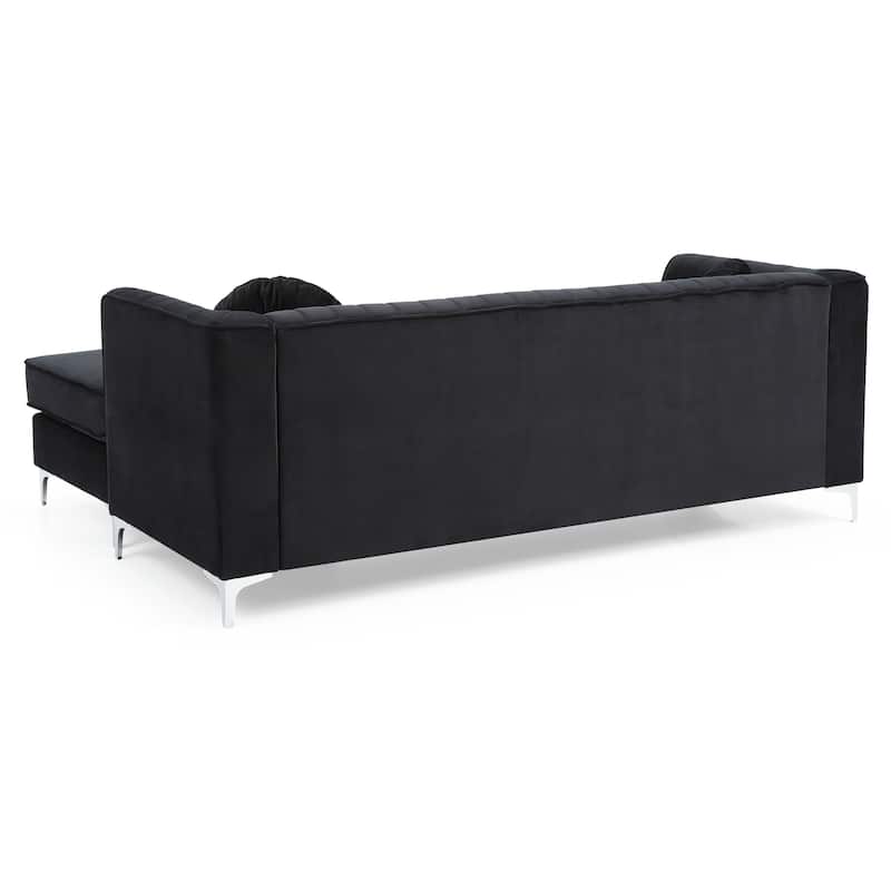Black Velvet Sofa Chaise - 75"L x 63"W x 32"H, 146 lbs, Glam Style