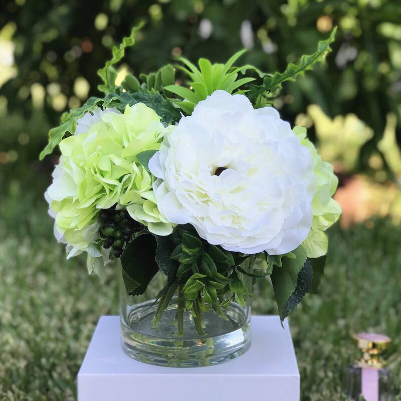 Enova Home Mixed Artificial Silk Peony and Hydrangea Fake Flowers Arrangement in Clear Glass Vase for Home Office Decoration