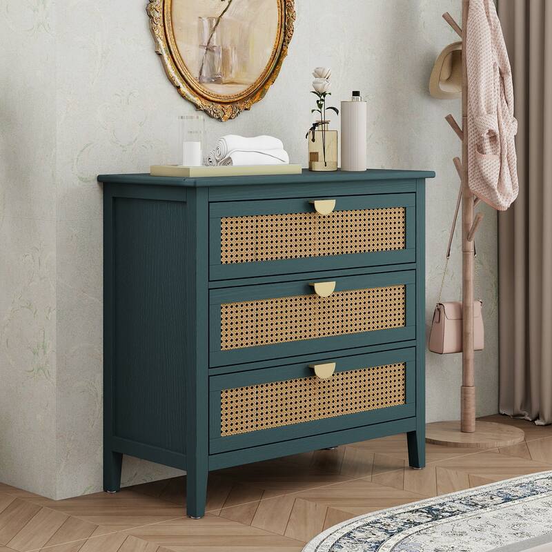 Roomfitters 3 Drawer Cabinet, Rattan Storage Dresser Chest for Bedroom, Living Room - Green