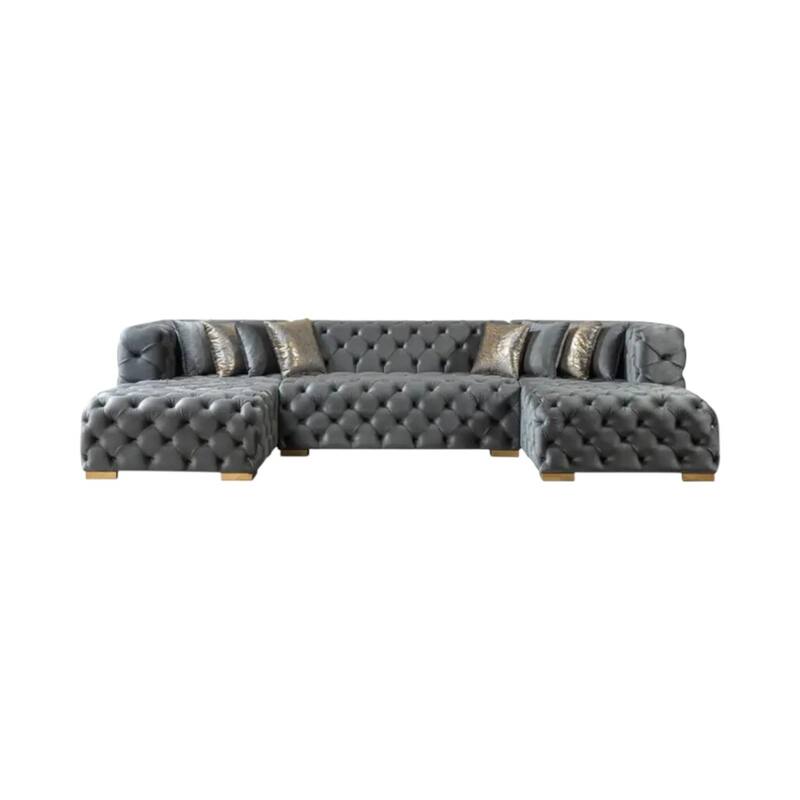 HomeRoots Tufted Gray Velvet Modular U Shaped Sofa and Chaise Sectional With Toss Pillows