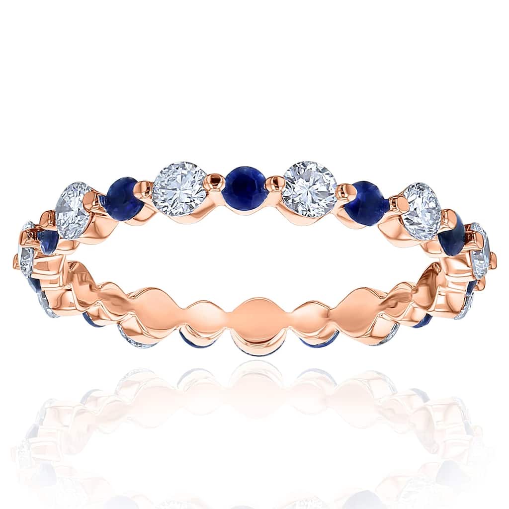 Kobelli Blue Sapphire & White Diamond 14k Gold Alternating Stackable Bead Prong Eternity Ring