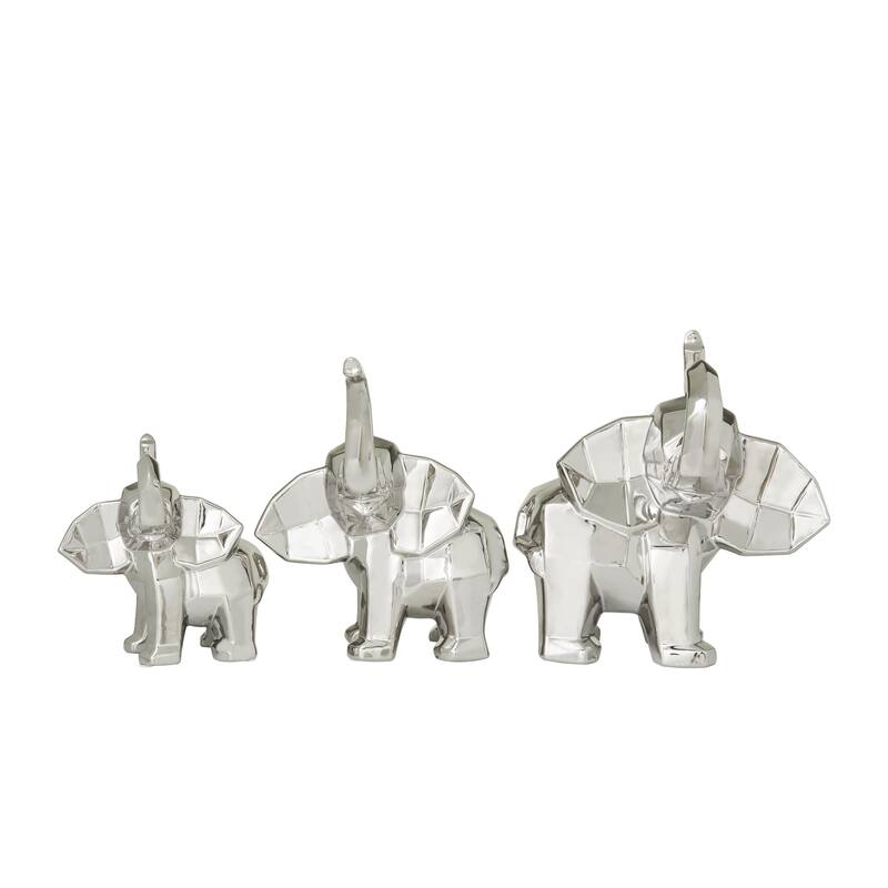 Gold or Silver Porcelain Ceramic Cubist Elephant Decorative Sculpture (Set of 3)