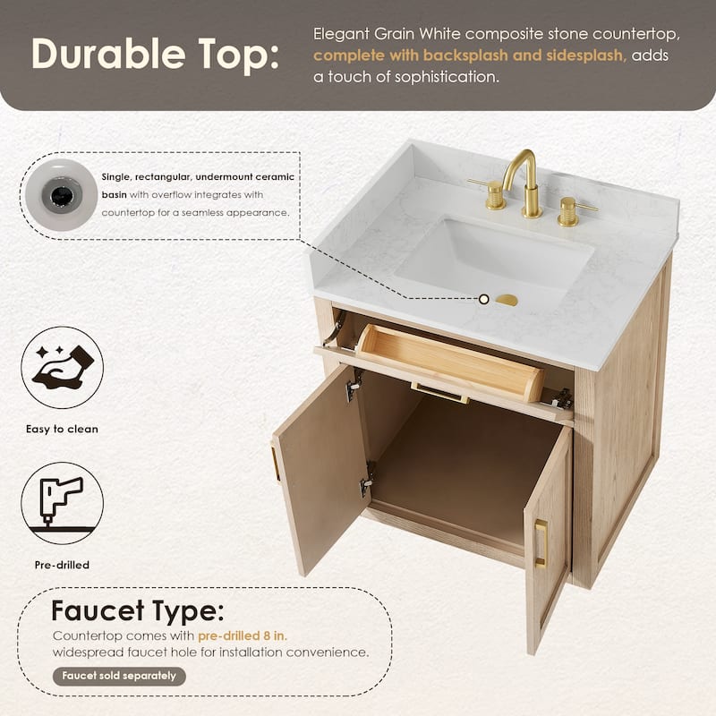 Altair Gavino Bath Vanity with Grain White Composite Stone Top, no Mirror