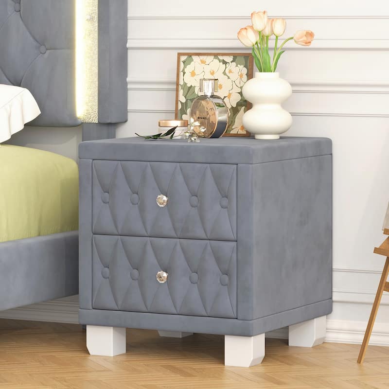 Elegant Velvet Nightstand with 2 Drawers and Crystal Handle