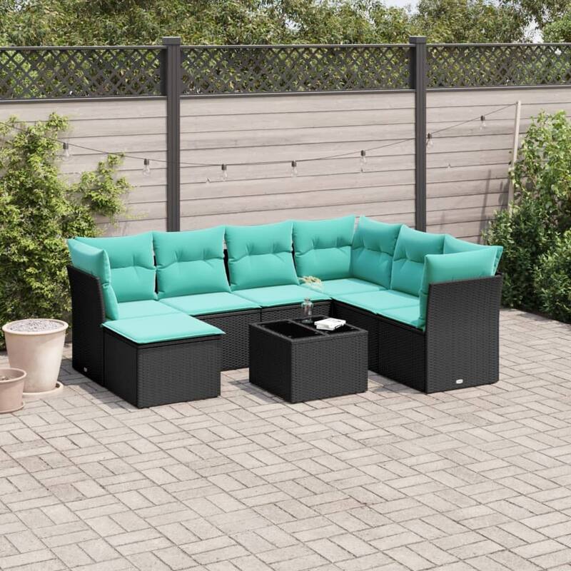 vidaXL 7/8 Piece Patio Sofa Set with Cushions Black/Brown/Gray Poly Rattan - Black and blue With table