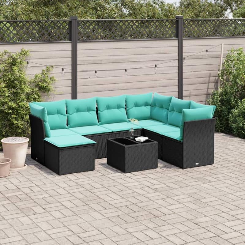 vidaXL 7 Piece Patio Sofa Set with Cushions Black Poly Rattan - 92.1x27.2x70.5-With table