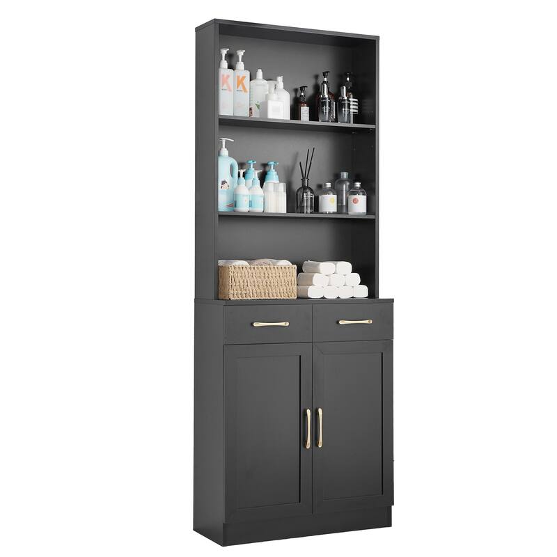 Storage Cabinet for Bathroom, 2 Doors Wooden Cabinet with 2 Drawers Three-layer Open Shelf, Bathroom Floor Cabinets