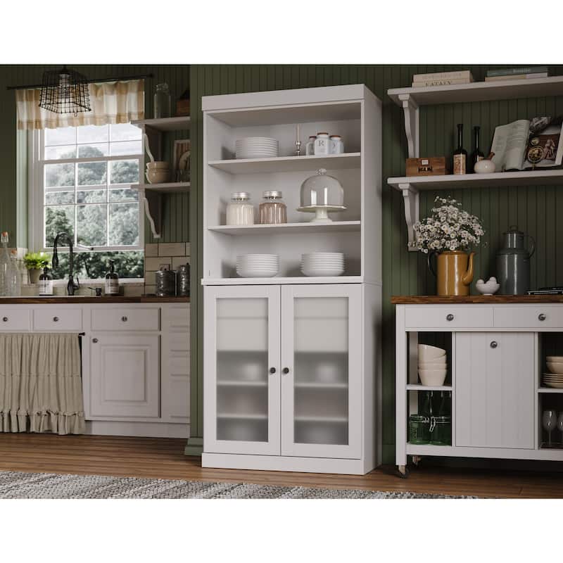 Palace Imports 100% Solid Wood Pantry Cabinet with Frosted Glass Doors, 2-Drawers and Adjustable Shelves - 32" x 71.5" - White