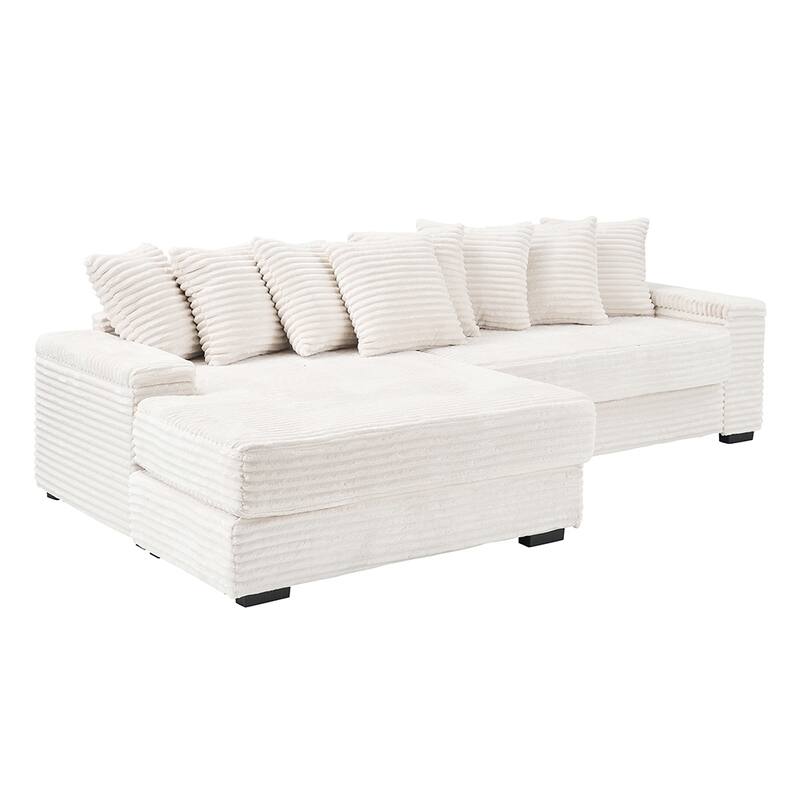 111.4 " L-Shaped Corduroy Sofa with 8 Throw Pillows and Footstool