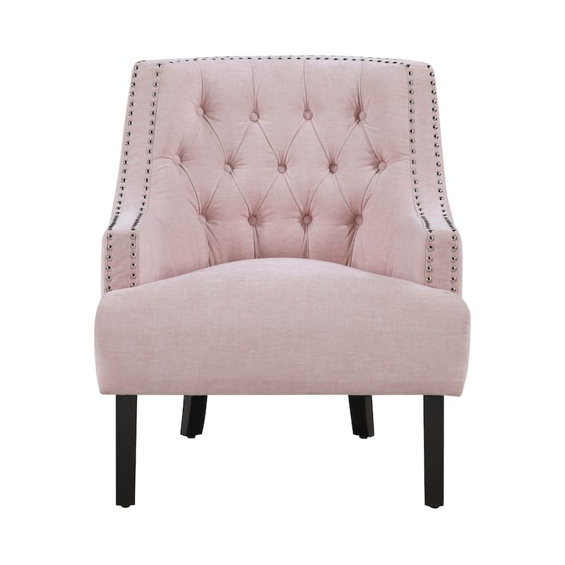 Daisie Accent Armchair, Button Tufted Pink Chenille, Solid Wood