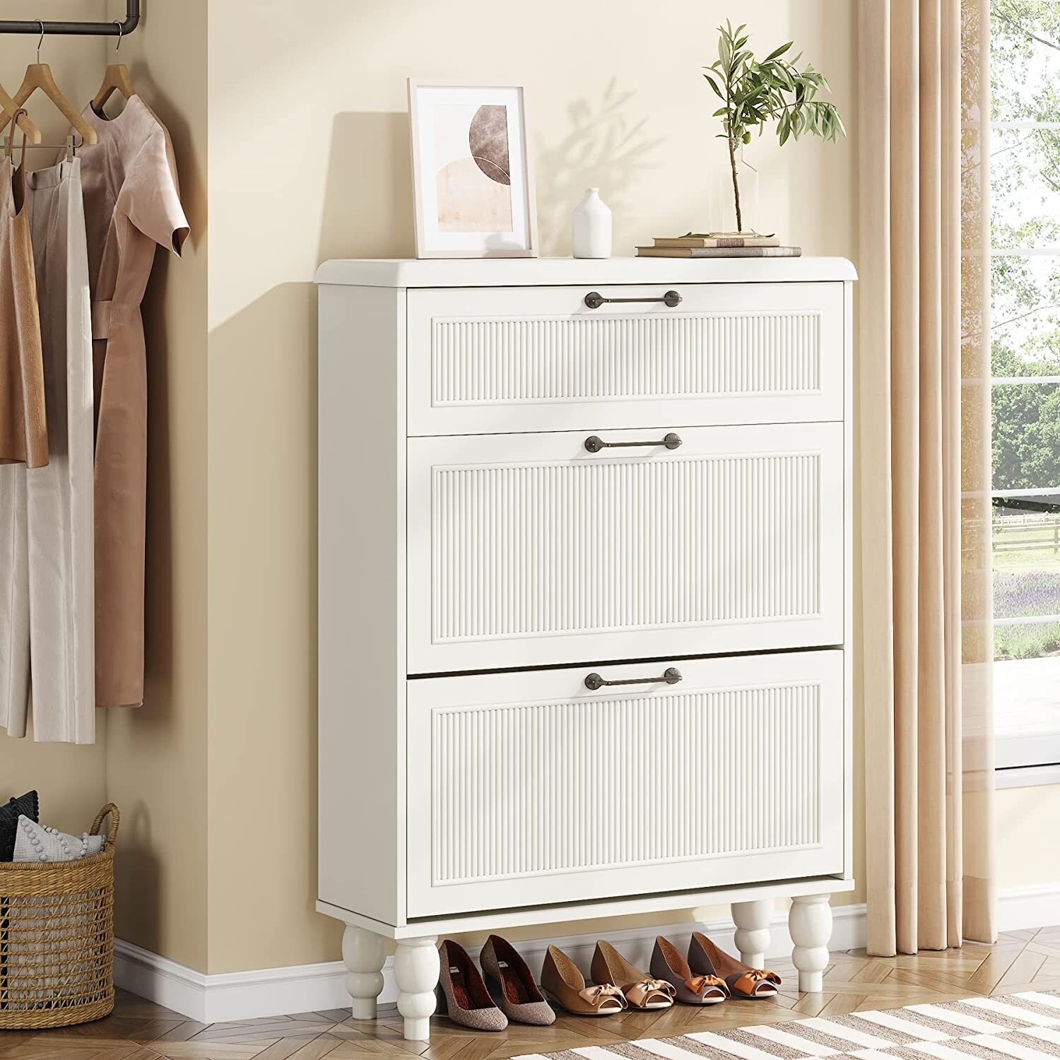White Shoe Cabinet with Flip Drawers for Entryway Living Room Closet 3 Drawer