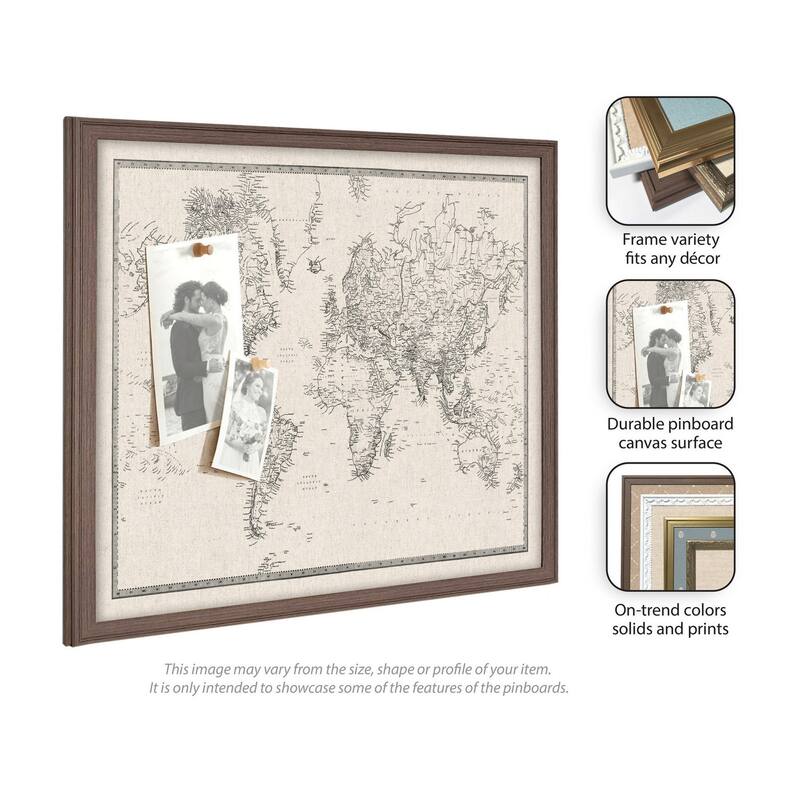 Kate and Laurel Framed Fabric Pinboard Vintage Black and White Linen World Map Wall Organization
