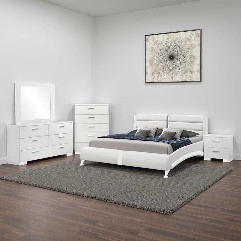 Zor 5pc King Size Bedroom Set, White Faux Leather and LED Mirror