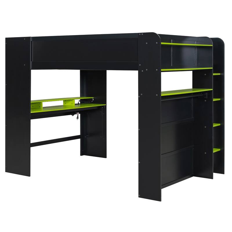 Roomfitters Full Size Loft Bed with Adjustable Desk, Wardrobe Storage, and RGB Lighting