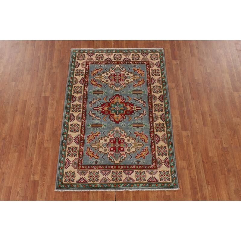 Light Blue Oriental Kazak Area Rug Hand-Knotted Wool Carpet - 4'0" x 6'0"