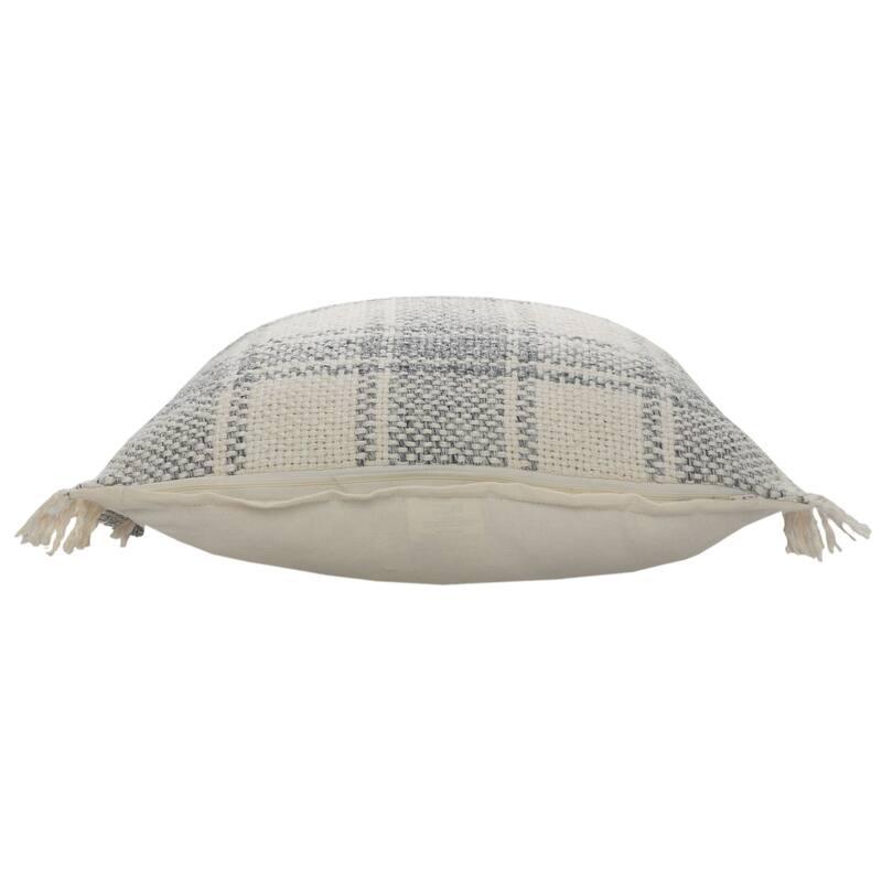 20" Blue and White Plaid Cabin Square Throw Pillow with Fringe