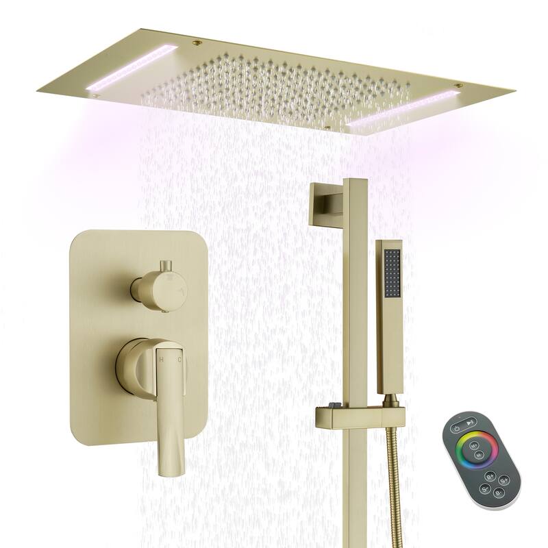 Double Handles 2-Spray 20 in. x 14 in. Ceiling Mount 64-Color LED Shower Faucet 2.5 GPM with Adjustable Slide Bar - Brushed Gold