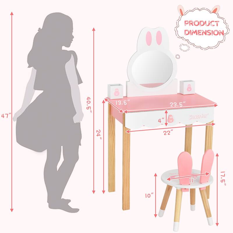 Costway Kids Vanity Set Rabbit Makeup Dressing Table Chair Set W/ - See Details