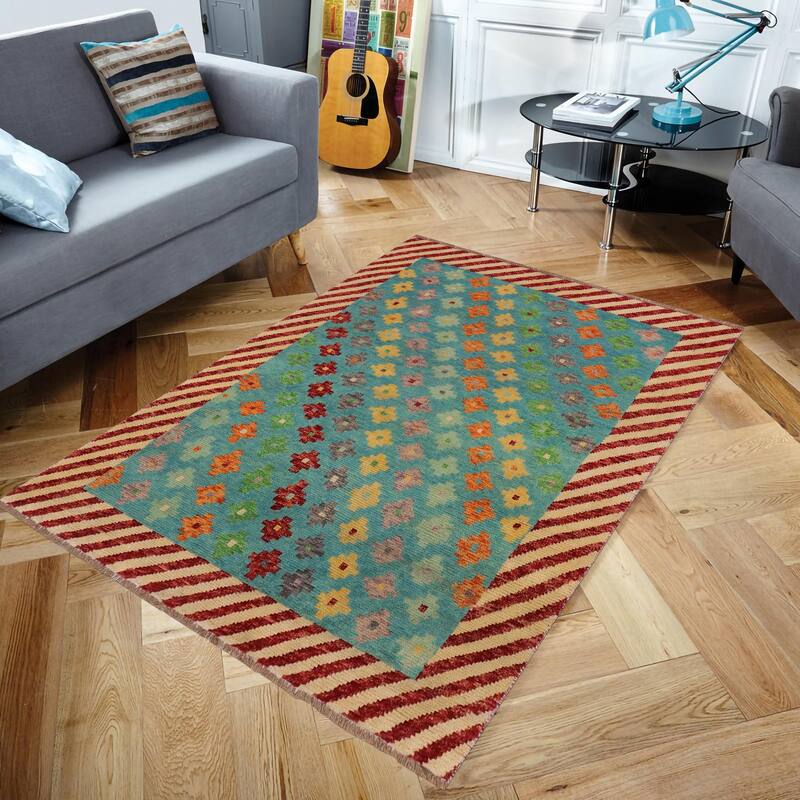 Contemporary Balochi Clarke Blue/Beige Hand Knotted Wool Rug - 4'0'' x 5'10''
