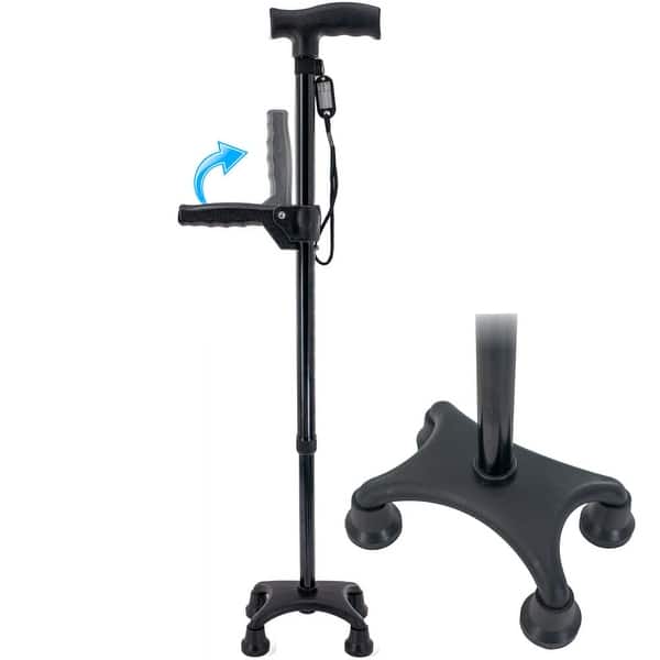 slide 2 of 8, Walking Stick Cane w/ Quad Four Prong Base, Adjustable Rotatable Second Support Handle & 10 Height Adjustments Black