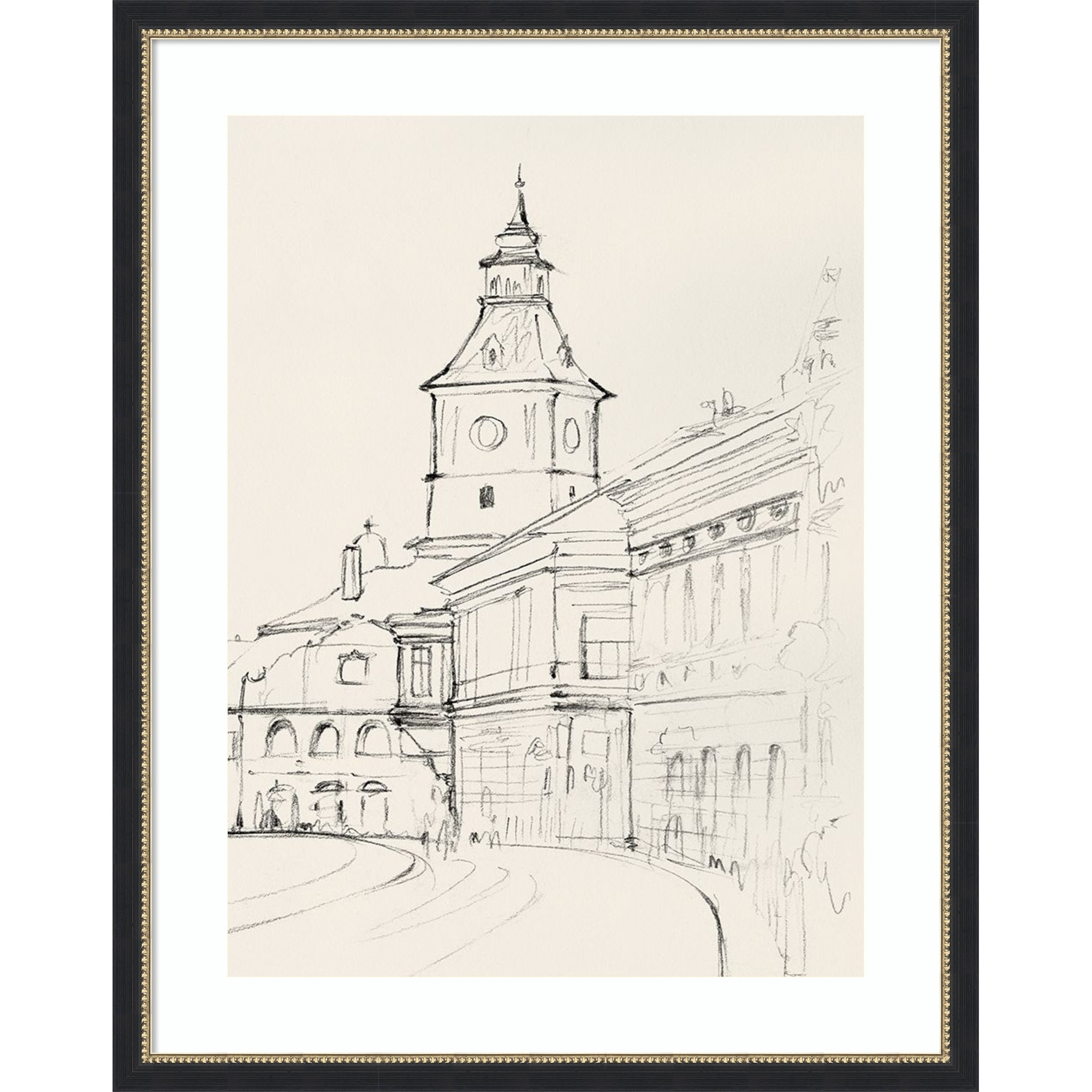 Clock Tower in Quiet Street by PI Studio Wood Framed Wall Art Print