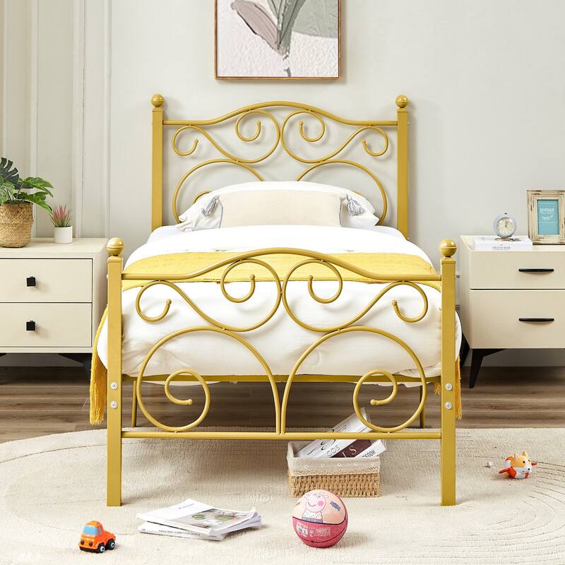 Javlergo 2-Pack Twin Size Victorian Metal Bed Frame for Kids with Headboard & Footboard No Box Spring Needed