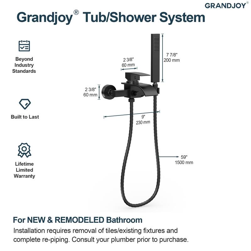 GRANDJOY Wall-mount Waterfall Bathtub Faucet with Handheld Shower