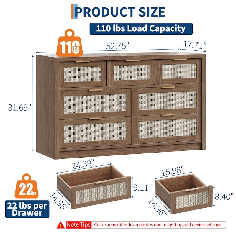 7 Drawers Dresser, 52" Wide Rattan Dresser Modern Chest of Drawers with Metal Handle, Wood Closet Storage Organizer - Dark wood
