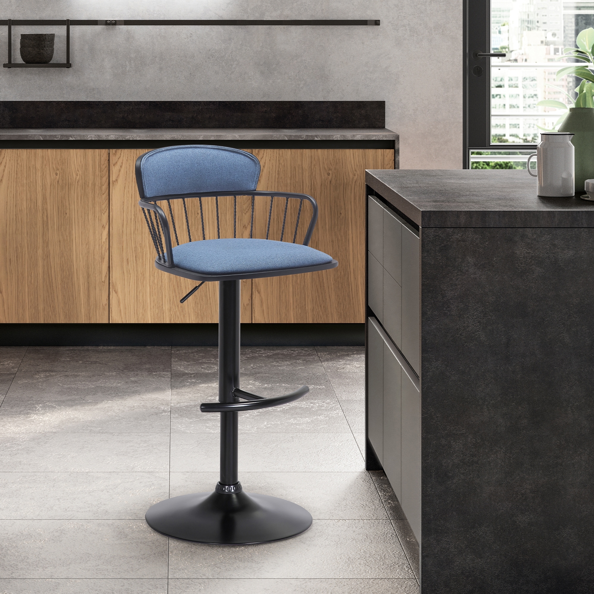 Nash Black Metal Upholstered Adjustable Swivel Bar Stool