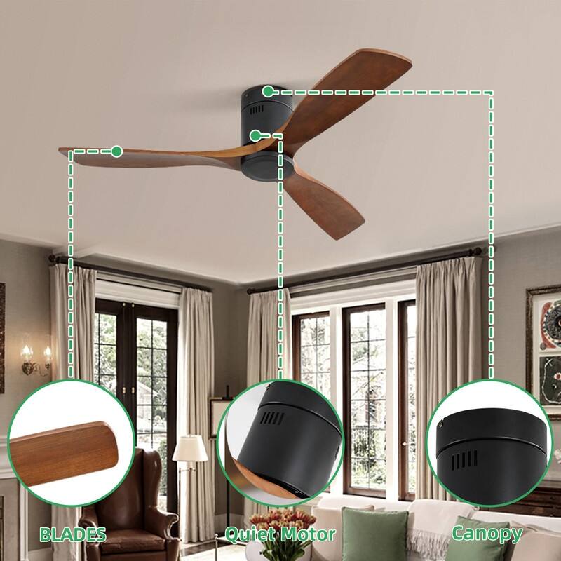 Sleek 52" Low Profile Walnut Ceiling Fan - Quiet, Remote Controlled, No Light