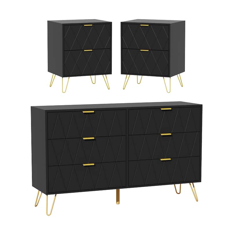 6 Drawer Dresser and Night Stand Sets for Bedroom Set of 2 & 6 Drawer Dresser Combo - Black