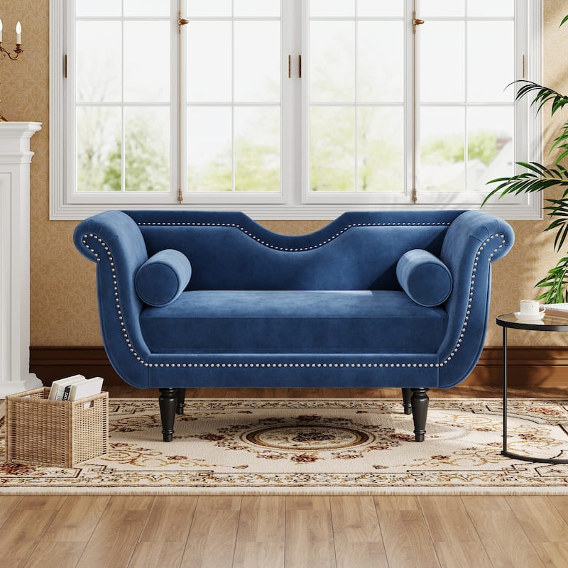Christopher Knight Home - Velvet Bench with Nailhead Trim & Curved Arms - Dark Blue