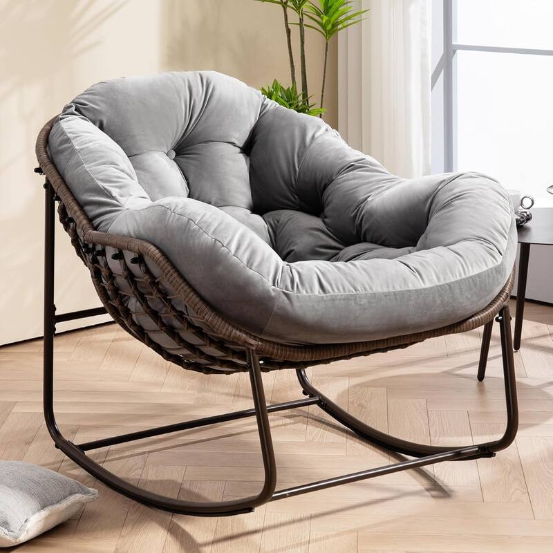 Outdoor Rattan Rocking Chair,Padded Cushion Rocker Recliner Chair Outdoor for Front Porch, Living Room, Patio, Garden