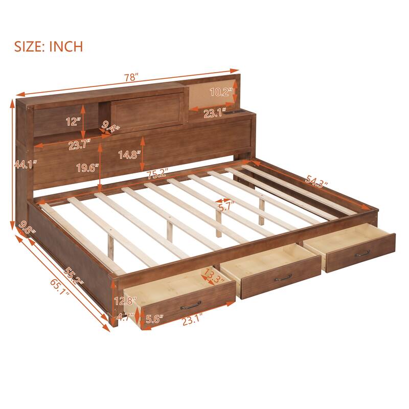 Wooden Daybed with Three Storage Drawers, Soft Board, and USB Ports