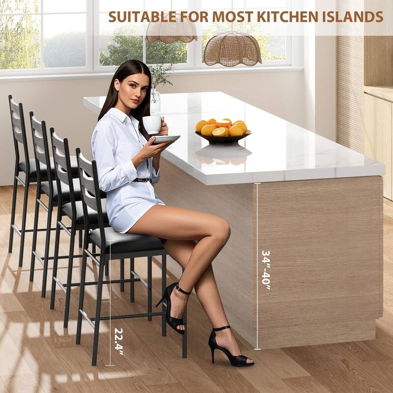 Bar Stools Set of 2 - Thick Cushioned Faux Leather Stools with Islamic Geometric Backrest, Gold Accent Footrest