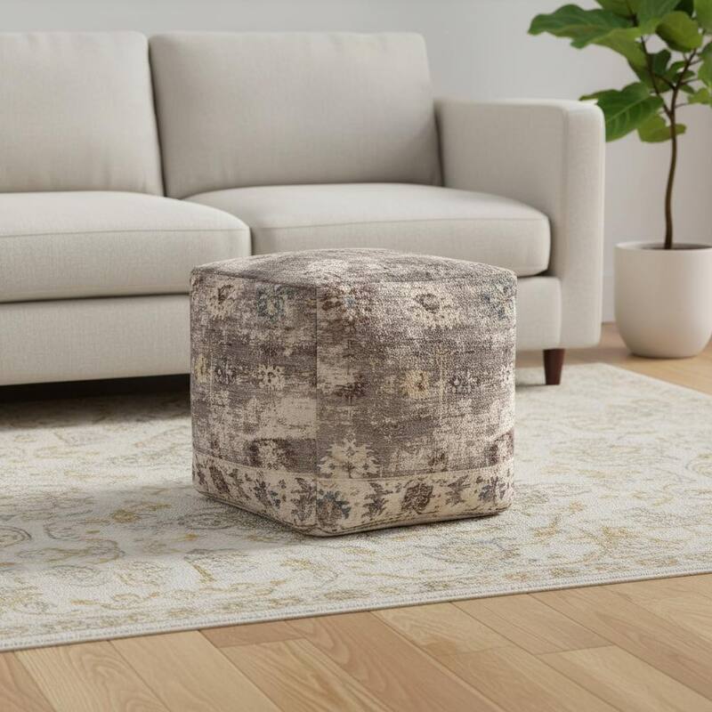 HomeRoots 18" Ivory and Taupe Medallion Pouf Ottoman - Taupe/Ivory - 18.00 in. x 18.00 in.  x 18.00 in.