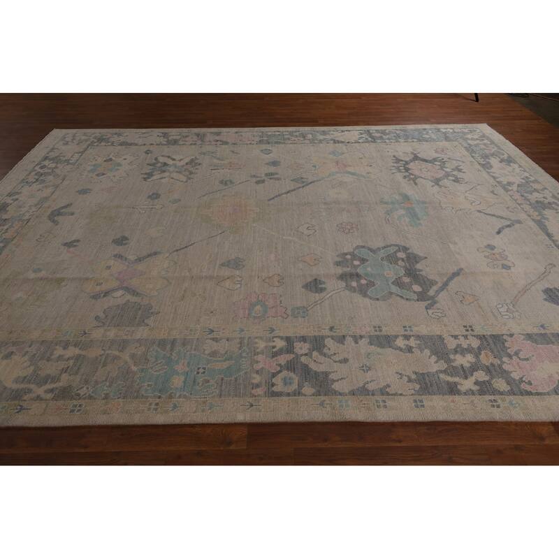 Beige Oushak Turkish Rug Hand-Knotted Oriental Wool Carpet - 8'11"x 11'11"