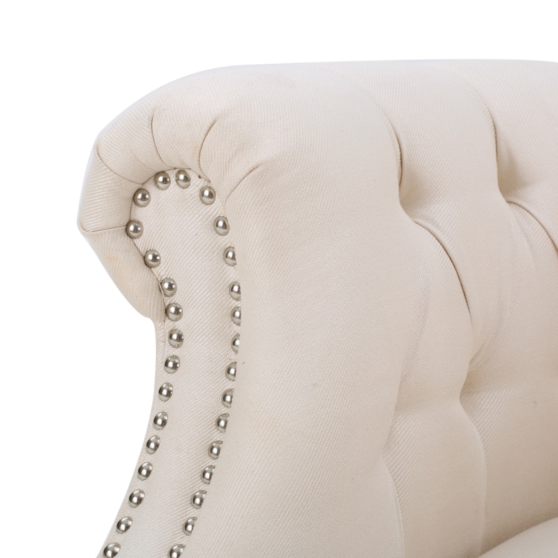 Beige Modern 32.75" Velvet Button Tufted Club Chair with Turned Birch Wood Legs and Nailheads