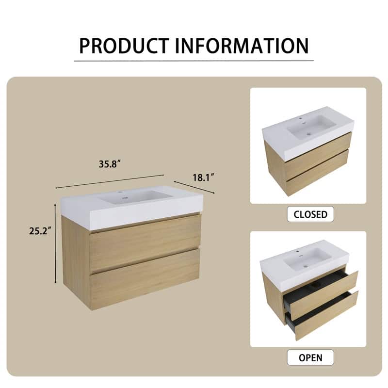 24/30/36 inch Wall-Mounted Bathroom Vanity Set in Oak with Integrated Resin Sink