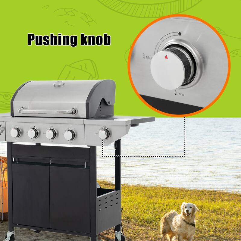 Propane Grill 4 Burner Barbecue Grill Stainless Steel Gas Grill with Side Burner, 46,500 BTU Outdoor Cooking, Patio
