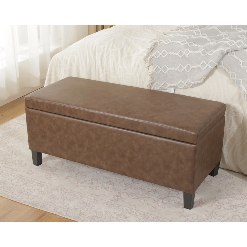 Adeco Velvet Storage Ottoman Bench Rectangular Footstool Lift Top - Light Brown-Faux Leather