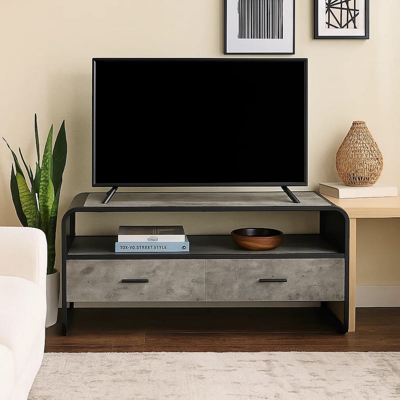 Ish 39 Inch Entertainment Center TV Stand, 2 Drawers, Wood, Grey, Black